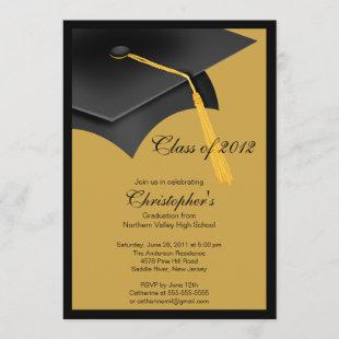 Black Gold Grad Cap Graduation Party Invitation