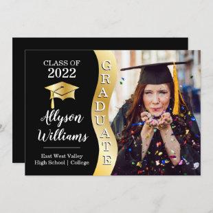 Black | Gold Graduate Wave Grad Cap Photo  Announcement