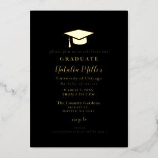 Black Gold Graduation Hat Graduation  Foil Invitation