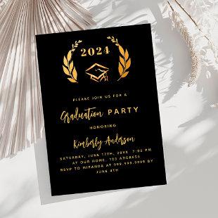 Black gold laurel wreath 2024 Graduation Party Invitation
