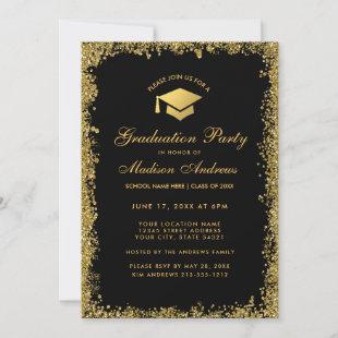 Black Gold Modern Glitter Graduation Party Invite