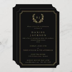 Black/Gold Monogram Laurel Wreath Graduation Invitation