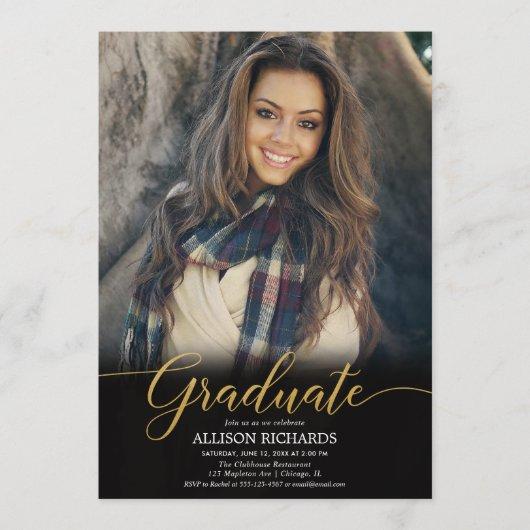 Black gold photo graduation party, modern elegant invitation