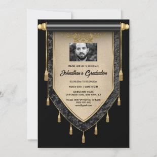 Black gold scroll black white photo graduation invitation