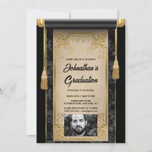 Black gold scroll with black white photo grad  Invitation
