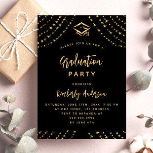 Black gold stars graduation party modern invitation