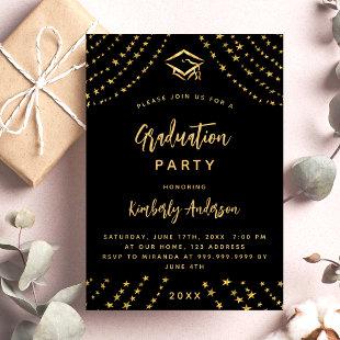 Black gold stars modern luxury graduation party invitation