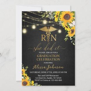 Black Gold Sunflowers RN Nursing School Graduation Invitation