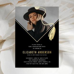 Black Gold Tassel Cap Photo Graduation Party Foil Invitation