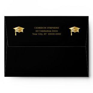 Black | Gold Tone Grad Cap GRADUATE Return Address Envelope