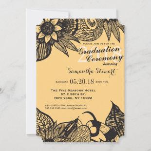 Black & Golden Yellow Floral Tangle Drawing Invitation