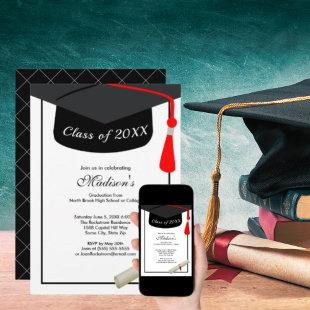 Black Grad Cap Diploma Modern Graduation Party Invitation