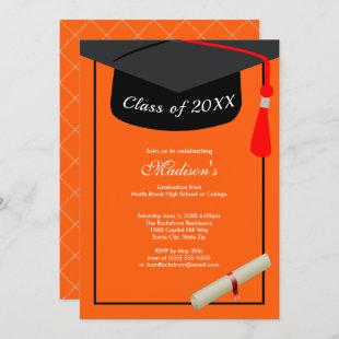 Black Grad Cap Diploma Orange Graduation Party Invitation