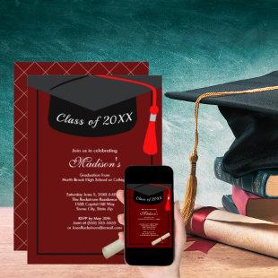 Black Grad Cap Diploma Simple Graduation Party Red Invitation
