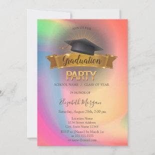 Black Grad Cap Rainbow Colorful Graduation Party Invitation