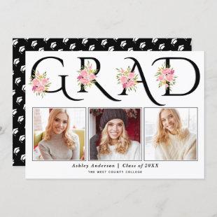 Black GRAD typography pink roses photo graduation Announcement