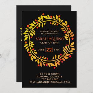 Black Graduation Gold Orange Floral Wreath Party Invitation