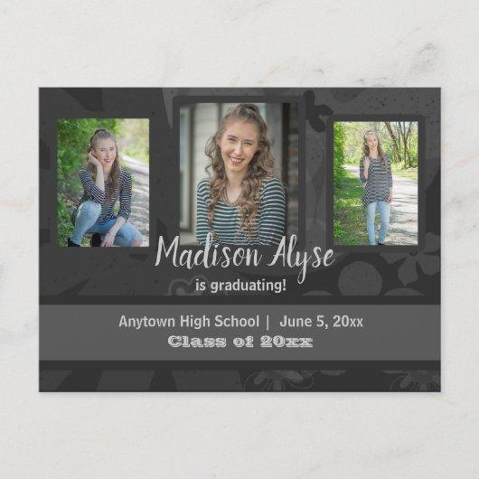 Black / Gray Three Photo Graduation Save the Date Postcard