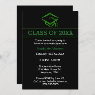 Black Green Mortarboard Simple Graduation Party Invitation