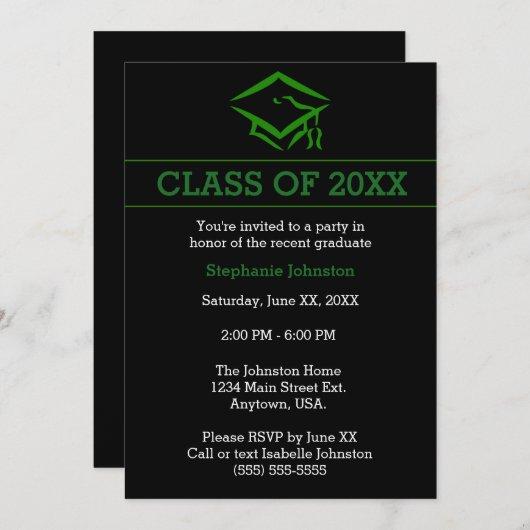 Black Green Mortarboard Simple Graduation Party Invitation