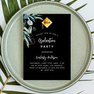 Black greenery gold cap 2024 graduation party invitation postcard