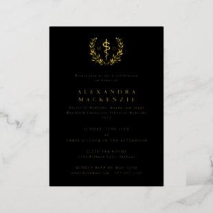 Black MD Asclepius+Laurel Wreath Graduation Party Foil Invitation