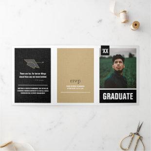 Black Modern Textured Photo Graduation Tri-Fold Invitation