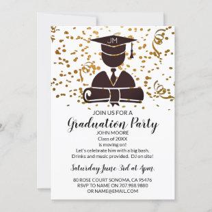 Black On Gold Grad With Confetti Graduation Party Invitation