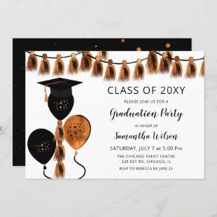 Black Orange Balloons Grad Hat Graduation Party Invitation