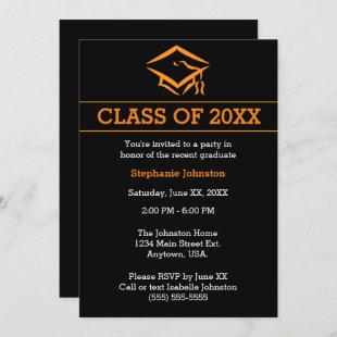 Black Orange Mortarboard Simple Graduation Party Invitation