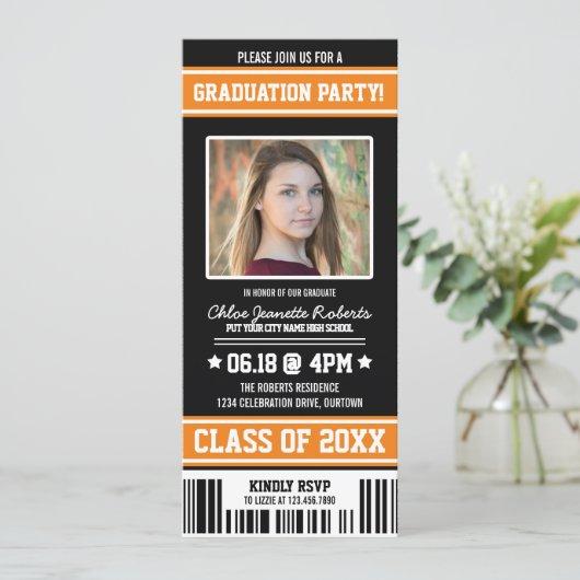 Black|Orange Sporty Graduation Party Ticket Invitation