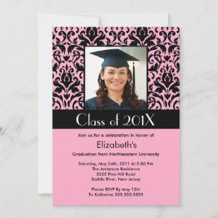Black Pink Damask Graduation Invitation Photo