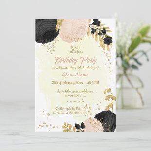 black & pink flowers gold botanical birthday party invitation