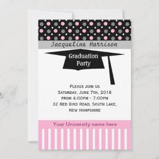 Black, pink, white polka dot, mortar Graduation Invitation