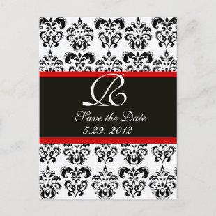 BLACK  RED AND WHITE DAMASK MONOGRAM ANNOUNCEMENT POSTCARD
