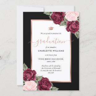 Black Red Pink Rose Gold Floral Photo Graduation Announcement