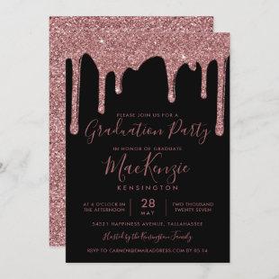Black Rose Gold Glitter Drips Graduation Party Invitation