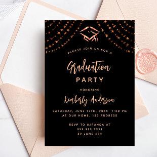 Black rose gold stars graduation party invitation postcard