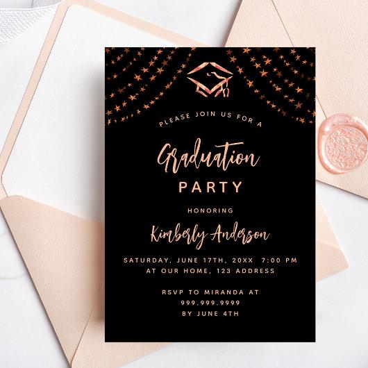 Black rose gold stars graduation party invitation postcard
