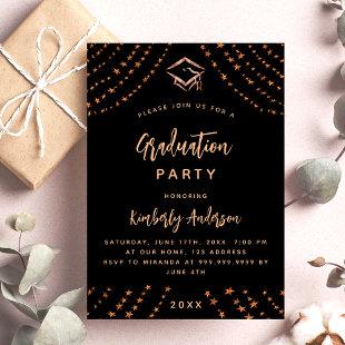 Black rose gold stars luxury graduation party invitation