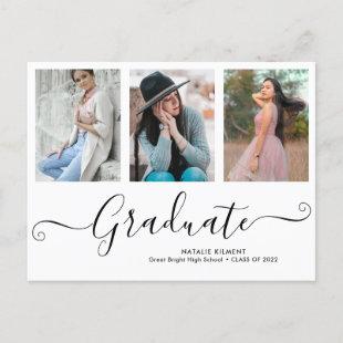 Black Script Graduate 3 Photo Collage Graduation Announcement Postcard