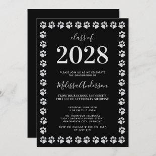 Black Silver Glitter Paw Prints Graduation Invitation