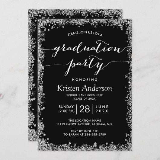 Black Silver Glitters Typography Graduation Party Invitation