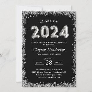 Black Silver Glittery Balloons 2024 Graduation Invitation