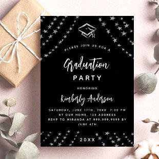 Black silver stars graduation party modern invitation postcard