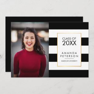 Black Stripe Faux gold frame Graduation Invitation