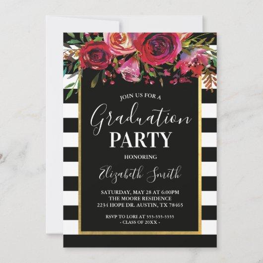 Black Stripe Floral Graduation Party Invitation