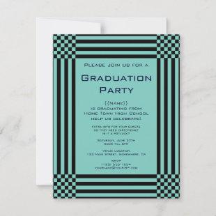 Black Turquoise Checkers Stripes Graduation Party Invitation