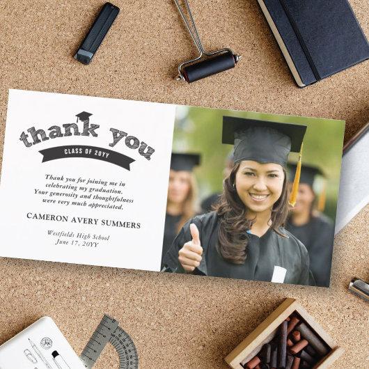Black Typography Bold Sketch Graduation Cap Photo Thank You Card