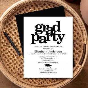 Black white budget grad cap modern party invite